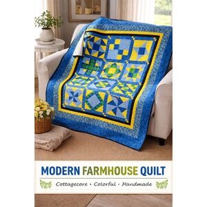 Handmade Modern Farmhouse Patchwork Quilt Blue Yellow Geometric Star 64x70